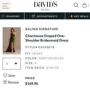 David's Bridal Charmeuse Draped One-shoulder Bridesmaid Dress STYLE# GS290018